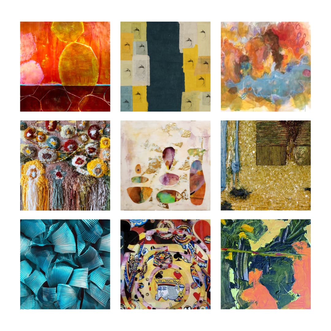 Grid of nine colorful abstract and mixed media artworks, including fiber art, collage, sculpture, and painting in various textures and styles