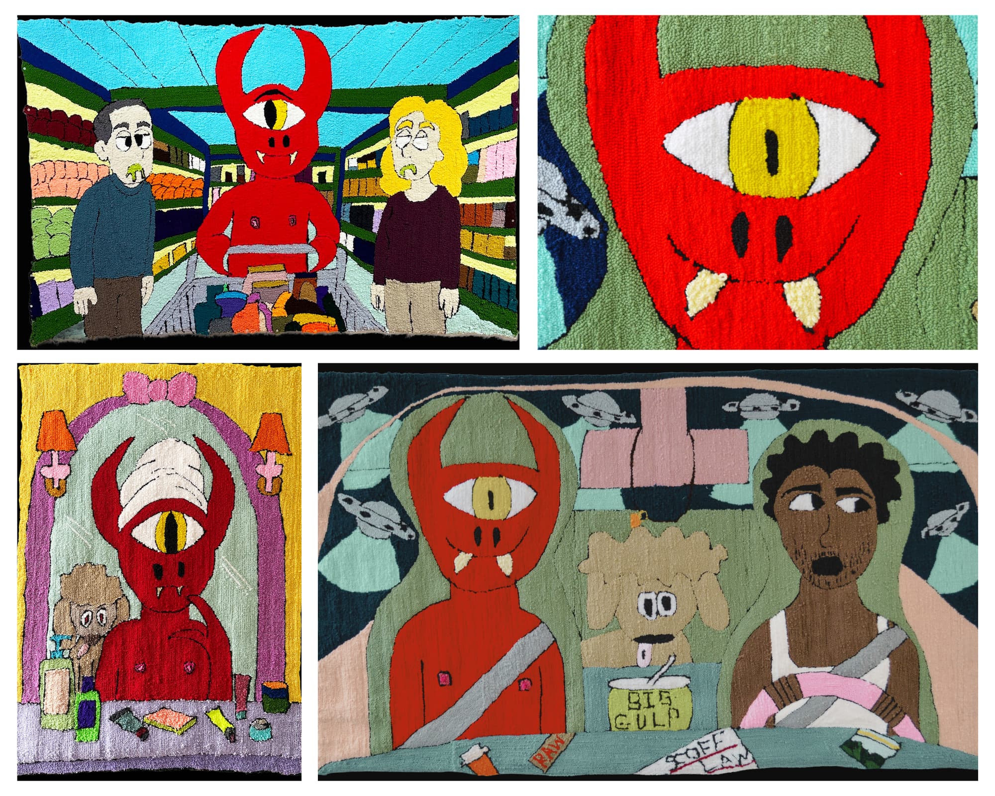 Colorful textile art collage featuring a red one-eyed horned character in four scenes: standing in a grocery store aisle with two people, close-up of its face, sitting at a vanity with everyday items, and riding in a car with two passengers and a dog.