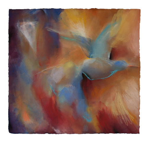 Abstract painting of a bird in flight, with soft blended colors including orange, blue, red, and gold, suggesting motion and light against a textured background.