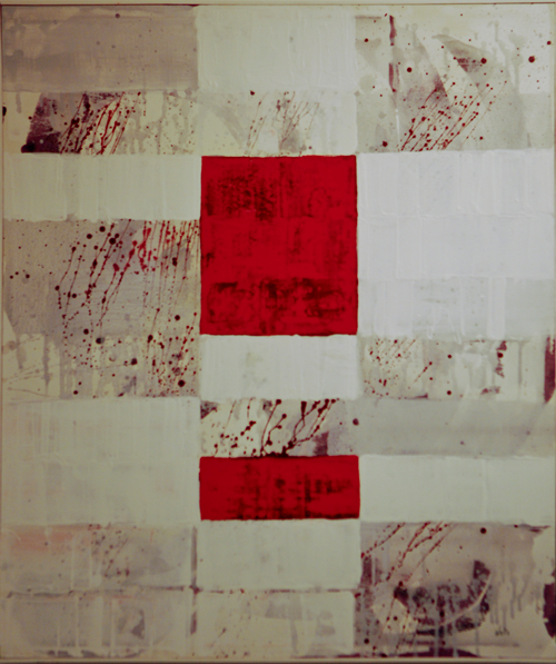 Abstract geometric artwork with layered white and neutral tones, featuring bold red rectangular shapes centered within a grid-like pattern and splattered paint textures throughout.