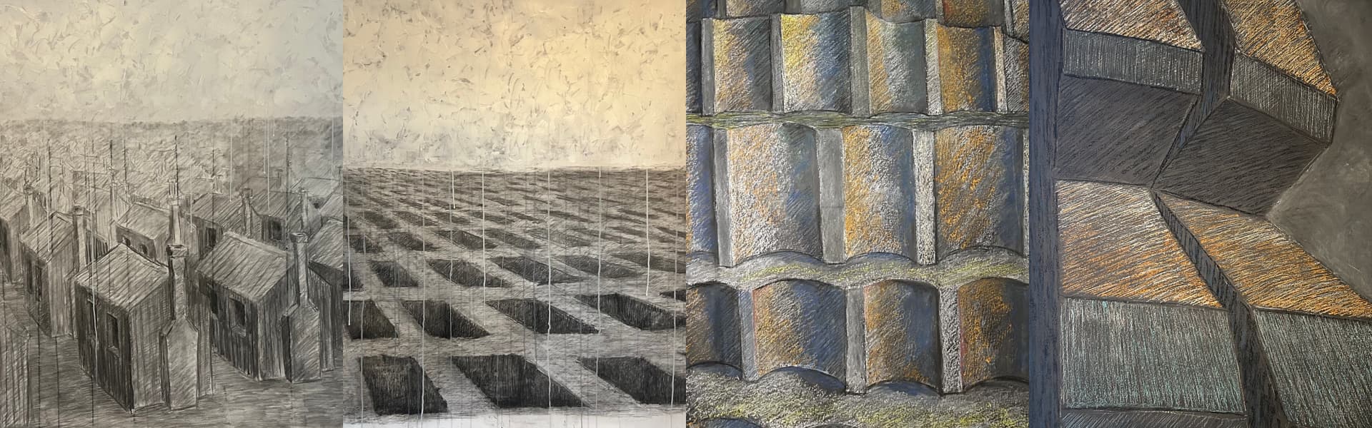 Abstract mixed-media artwork by artist Goran Fazil depicting an industrial landscape with clustered buildings, geometric ground patterns, and textured architectural forms in muted gray and metallic tones.