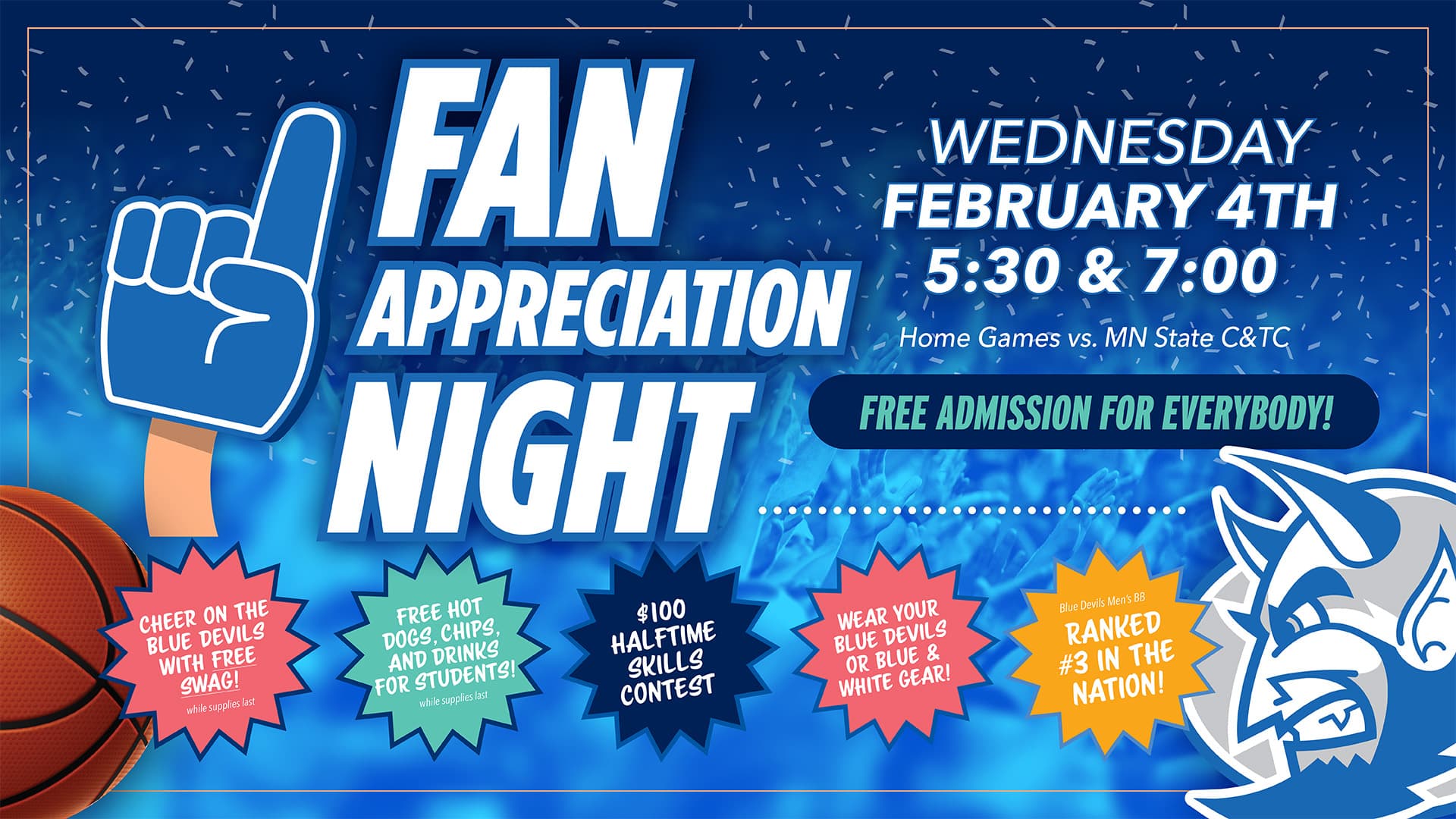 Fan Appreciation Night basketball game promotion showing Wednesday February 4th home games at 5:30 and 7:00 versus MN State C and TC, free admission for everyone, student food giveaways, halftime skills contest, and Blue Devils ranked number three in the nation.