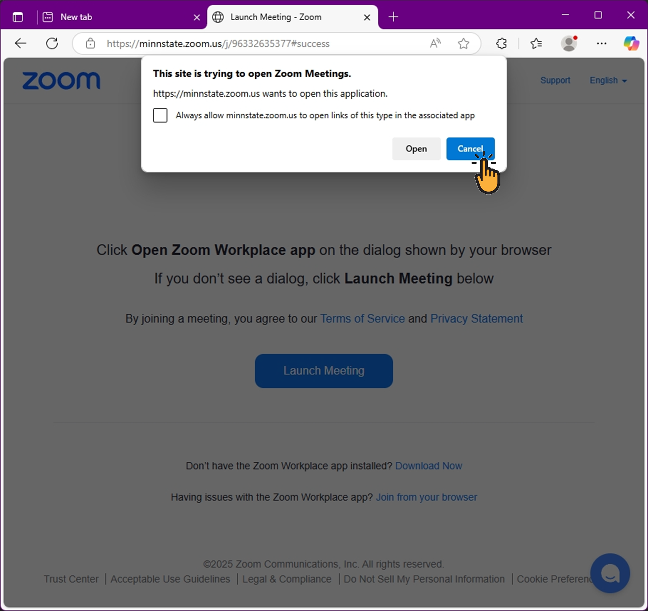 Pop-up window to open Zoom