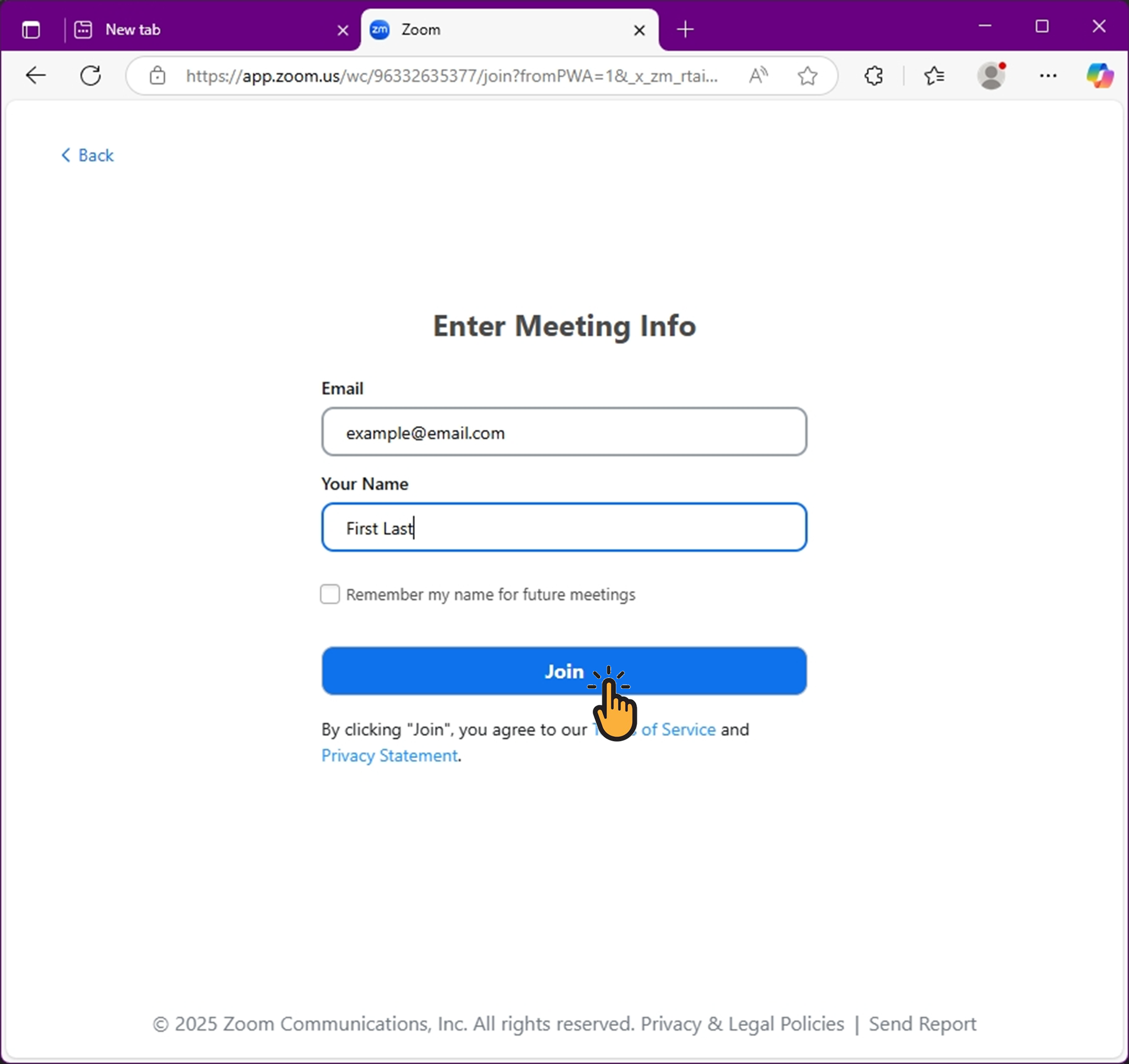 Screenshot of name and email entry