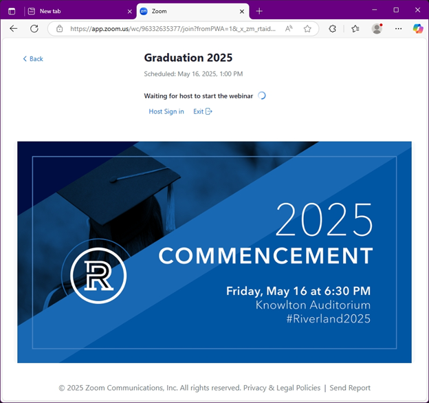 Screenshot of commencement screen