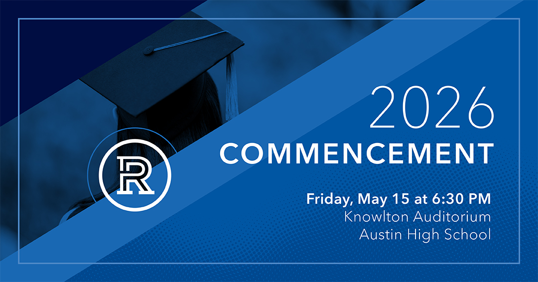 Graphic announcing Riverland 2026 Commencement on Friday, May 15 at 6:30 PM at Knowlton Auditorium, Austin High School