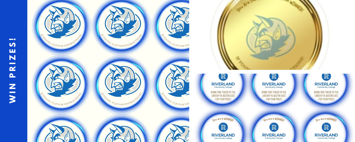 Grid of circular tokens with the Riverland Blue Devil mascot and the text 'IF FOUND, FLIP FOR INSTRUCTIONS.' One gold token stands out among blue tokens. Bottom row shows tokens with Riverland Community College logo and prize instructions. A vertical blue banner on the left says 'WIN PRIZES!'.